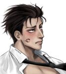  1boy absurdres aransmind artist_name big_nose black_eyes black_hair black_necktie blush hair_slicked_back highres higuruma_hiromi ibispaint_(medium) jujutsu_kaisen lipstick_mark lipstick_mark_on_face looking_up necktie open_clothes open_shirt portrait shirt short_hair simple_background twitter_username white_background white_shirt 