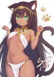  1girl ancient_egyptian ancient_egyptian_clothes animal_ears bracelet breasts brown_hair cat_ears cat_girl cat_tail circlet commentary_request dark-skinned_female dark_skin expressionless eye_of_horus gold_armlet gold_bracelet gold_circlet green_eyes highres if_you_want_to_become_a_godly_artist_(trend) jewelry long_hair looking_at_viewer navel original paw_pose paw_print paw_print_background pelvic_curtain rade_(rade_552) signature simple_background sling_bikini_top small_breasts solo stomach tail usekh_collar very_long_hair white_background 