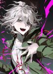  1boy 333takoyaki absurdres blood danganronpa_(series) danganronpa_2:_goodbye_despair green_jacket highres hood hooded_jacket jacket komaeda_nagito male_focus medium_hair messy_hair open_clothes open_jacket pink_blood smile solo white_hair 