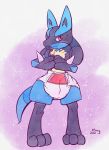  2020 ambiguous_gender anthro biped black_body black_fur blue_body blue_fur blush diaper extry fur hand_spike hands_touching hi_res looking_at_viewer lucario nintendo pok&eacute;mon pok&eacute;mon_(species) red_eyes solo standing video_games 