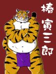  2009 3:4 anthro asian_clothing belly blush clothing east_asian_clothing eyes_closed felid fundoshi japanese_clothing kemono male mammal mind_drive mizuse_higomaru navel overweight overweight_male pantherine red_background simple_background solo text tiger underwear 