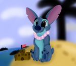  2014 alien beach black_nose blue_body blue_fur claws disney experiment_(lilo_and_stitch) eyebrows fingers flower frosty~paws fur lilo_and_stitch male male_(lore) notched_ear pawpads plant purple_inner_ear sand sand_castle sculpture seaside sitting smile stitch_(lilo_and_stitch) teeth toe_claws toes water 