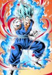  1boy aura blue_eyes blue_hair clenched_teeth closed_mouth commentary_request dragon_ball dragon_ball_super earrings fighting_stance gloves highres jewelry looking_at_viewer male_focus muscle potara_earrings smile solo spiked_hair super_saiyan_blue teeth vegetto white_footwear white_gloves youngjijii 