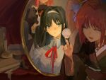  3girls aqua_eyes black_hair brown_kimono candle collared_shirt frown highres hisui_(tsukihime) japanese_clothes kimono kohaku_(tsukihime) long_hair looking_at_mirror looking_at_viewer maid mirror multiple_girls neck_ribbon red_hair red_ribbon ribbon rong301718 shirt short_hair sweatdrop tohno_akiha tsukihime white_shirt 