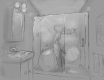  anthro balls bathroom big_balls big_penis eyes_closed genitals huge_balls huge_penis hyaenid hyper hyper_balls hyper_genitalia hyper_penis male mammal monochrome nude penis shower_cabin showering sink smile solo starrfluff towel wet 