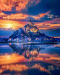  absurdres blue_clouds building castle cloud cloudy_sky colorful commentary_request france highres island lake leetius mont-saint-michel_(location) no_humans orange_sky original outdoors photorealistic real_world_location realistic reflection reflective_water scenery sky spire sun sunset water 