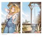  1girl alternate_costume barn blonde_hair blue_overalls blush border braid breasts cleavage commentary_request cowboy_hat cowboy_shot crop_top farm green_eyes hair_ornament hairclip hat highres large_breasts midriff overalls parted_bangs parted_lips pointy_ears princess_zelda puffy_short_sleeves puffy_sleeves shirt short_sleeves shuri_(84k) sidelocks skindentation solo strap_slip sweat the_legend_of_zelda the_legend_of_zelda:_breath_of_the_wild twin_braids twitter_username underboob white_border white_shirt 
