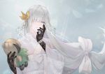  1girl anastasia_(fate/grand_order) black_gloves blue_eyes blurry blurry_background bow closed_mouth depth_of_field doll fate/grand_order fate_(series) gloves grey_hair hair_bow hair_ornament hair_over_one_eye head_tilt holding japanese_clothes kimono long_hair looking_at_viewer low-tied_long_hair neko_(ganecooo) pink_kimono solo upper_body viy white_bow 