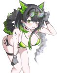  1girl ;d absurdres arknights arm_up bikini black_choker black_hair breasts choker cleavage collarbone eyewear_lift eyewear_on_head green-framed_eyewear green_bikini green_eyes grey_hair highres large_breasts leaning_forward looking_at_viewer mon3tr_(arknights) multicolored_hair one_eye_closed simple_background skindentation smile solo spam_(spamham4506) swimsuit tail thigh_strap two-tone_hair white_background 