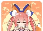  1girl animal_ear_fluff animal_ears bangs blue_bow blush bone bow closed_eyes detached_collar fate/extra fate_(series) fox_ears fox_girl fox_tail hair_between_eyes hair_bow long_hair mouth_hold off_shoulder orange_background pink_hair sidelocks tail tamamo_(fate)_(all) tamamo_no_mae_(fate) twintails yoru_nai 