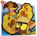 3_toes absurd_res alpha_channel black_eyebrows black_nose blue_collar blush blush_lines bodily_fluids brown_body brown_fur brown_hair brown_pawpads bunnicula_(series) canid canine canis cheek_tuft chester_(bunnicula) collar crying_laughing dialogue dogeoisie domestic_cat domestic_dog duo english_text eyebrows facial_tuft feet felid feline felis foot_fetish foot_focus foot_lick foot_play fur fur_tuft hair harold_(bunnicula) head_tuft hi_res laugh licking male mammal one_eye_closed open_mouth open_smile pawpads paws pink_tongue smile talking_to_another tan_body tan_fur tears teeth text tickle_fetish tickling tickling_feet toes tongue tongue_out tuft yellow_sclera