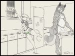  4:3 anthro apron apron_lift barefoot black_border border canid canine clothed clothing clothing_lift cooking cup cupcake daigo_(character) dreadlocks female food fox fridge fur hair katie_tinson kitchen male mammal mouse murid murine muscular muscular_female rodent stretching t-kay 