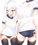  1girl adjusting_buruma adjusting_clothes ass black_legwear blue_buruma blue_eyes blush buruma covered_nipples cropped_torso gym_shirt gym_uniform hair_ornament hairclip head_out_of_frame highres looking_at_viewer multiple_views name_tag original otokuyou ringo-chan_(otokuyou) see-through shirt short_hair solo thighhighs white_background white_hair 