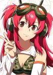  1girl absurdres bikini bikini_top_only breasts brown_eyes camouflage camouflage_bikini cleavage detached_sleeves english_commentary goggles goggles_on_head green_bikini hair_between_eyes hand_up headphones highres long_hair medium_breasts mirai_nikki nifast_(greentail) original parody red_hair smile solo style_parody swimsuit truck_(nifast_(greentail)) two_side_up upper_body v white_background white_sleeves 