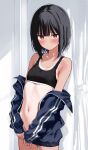  1girl absurdres bare_shoulders black_hair black_sports_bra blue_jacket blush bob_cut bob_cut_girl_(memekko) bottomless breasts closed_mouth commentary_request cowboy_shot highres jacket long_sleeves looking_at_viewer memekko navel one-piece_tan original paid_reward_available puffy_long_sleeves puffy_sleeves red_eyes short_hair sleeves_past_wrists small_breasts solo sports_bra tan tanlines track_jacket 