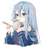  1girl \||/ aimi_(mimi_nii2) blue_eyes blue_hair blue_jacket blush bright_pupils chopsticks collarbone cowlick cropped_torso cup_ramen double-parted_bangs eating expressionless eyes_visible_through_hair fingernails food hair_between_eyes hair_over_shoulder hands_up hashtag-only_commentary highres holding holding_chopsticks jacket long_hair long_sidelocks long_sleeves looking_ahead noodles notice_lines open_clothes open_jacket project_sekai puffy_long_sleeves puffy_sleeves purple_shirt shirt sidelocks simple_background solo straight_hair white_background yoisaki_kanade 