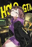  1girl anya_melfissa blonde_hair blush brown_hair fujiwara_ringo highres hololive hololive_grand_theft_auto hololive_indonesia hood hoodie jacket long_hair looking_at_viewer monitor multicolored_hair purple_eyes purple_hoodie round_eyewear sitting smile streaked_hair virtual_youtuber 