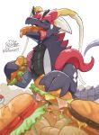  alternate_color closed_eyes dragon eating food food_in_mouth food_on_face ham highres holding holding_food holding_sandwich koraidon lettuce meat mustard no_humans open_mouth pokemon pokemon_(creature) pokemon_focus saliva sandwich shiny_pokemon smile submarine_sandwich tatsumi_(panneko) tomato tomato_slice tongue tongue_out 