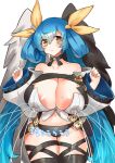  1girl areola_slip areolae asymmetrical_wings bangs bare_shoulders blue_hair blush bow breasts choker cleavage collarbone covered_nipples cowboy_shot curvy dizzy_(guilty_gear) guilty_gear hair_bow hair_ribbon hasppa highres huge_breasts inverted_nipples lactation lactation_through_clothes long_hair long_sleeves mole mole_on_breast navel ribbon simple_background solo tail thighhighs translation_request twintails veins veiny_breasts white_background wings 