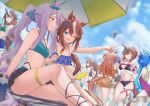  6+girls ;d absurdres ahoge alternate_costume animal_ears beach bikini black_bikini blue_bikini blue_eyes blue_hair blue_sky bow breasts brown_hair cleavage closed_mouth commentary_request cooler day ear_bow ear_ornament food gold_ship_(umamusume) green_bikini green_eyes grey_hair grin highres holding holding_food holding_popsicle horse_ears horse_girl horse_tail jtleeklm kitasan_black_(umamusume) long_hair looking_at_viewer male_swimwear mayano_top_gun_(umamusume) medium_breasts mejiro_mcqueen_(umamusume) mihono_bourbon_(umamusume) multicolored_hair multiple_girls nice_nature_(umamusume) oguri_cap_(umamusume) one-piece_swimsuit one_eye_closed orange_bikini orange_hair outdoors parachute parasol popsicle purple_eyes purple_one-piece_swimsuit rice_shower_(umamusume) satono_diamond_(umamusume) sitting sky smile special_week_(umamusume) streaked_hair swim_trunks swimsuit symboli_rudolf_(umamusume) tail tamamo_cross_(umamusume) tokai_teio_(umamusume) twintails two-tone_hair umamusume umbrella white_bikini 