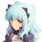  1girl ao_no_kiseki blue_hair boa_(brianoa) breastplate closed_mouth copyright_request eiyuu_densetsu eyebrows_visible_through_hair eyes_visible_through_hair green_eyes headgear high_collar highres looking_at_viewer popped_collar simple_background solo tio_plato twitter_username two_side_up upper_body white_background 