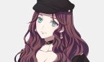  1girl black_headwear breasts brown_hair choker cleavage closed_mouth dorothea_arnault earrings fire_emblem fire_emblem:_three_houses green_eyes grey_background hat jewelry long_hair roroichi simple_background smile solo upper_body 