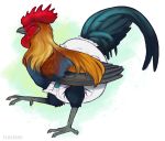  2020 avian beak bird chicken diaper eyes_closed feathers feral flax_(artist) furgonomics galliform gallus_(genus) male phasianid raised_leg smile solo tail_feathers wings 