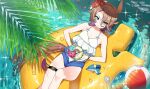  1girl acaa bikini blue_eyes blue_shorts brown_hair flower from_above hair_between_eyes hair_flower hair_ornament highres horse_girl horse_tail looking_at_viewer lying narita_taishin_(umamusume) on_back red_flower short_hair shorts solo swimsuit tail umamusume white_bikini 