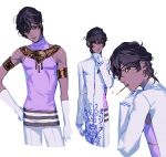  1boy arjuna_(fate/grand_order) bangs bare_shoulders black_eyes black_hair bonzon_e collage dark_skin dark_skinned_male elbow_gloves eyebrows_visible_through_hair fate/grand_order fate_(series) food from_side gloves hair_between_eyes hand_on_own_chin jewelry long_sleeves looking_at_viewer looking_to_the_side male_focus necklace pants pocky side_cutout sleeveless toned toned_male upper_body white_background white_gloves white_pants 