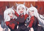  3girls :d ahoge animal_ears arms_up artist_name bangs belt_buckle black_gloves black_vest blush breasts buckle cerberus_(helltaker) collared_shirt demon_girl demon_wings dog_ears dr.beeeee eyebrows_visible_through_hair fang gloves grin helltaker long_hair long_sleeves looking_at_viewer low-tied_long_hair medium_breasts multiple_girls open_mouth outstretched_hand parted_bangs paw_pose red_eyes red_shirt sanpaku shirt silver_hair smile teeth tongue tongue_out very_long_hair vest wing_collar wings 