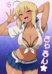  amesuku_gyaru animal_print armpit_peek artoria_pendragon_(fate) belt bimbofication blue_skirt blush collarbone corruption dark-skinned_female dark_skin fate/grand_order fate_(series) fellatio_gesture green_eyes green_nails gyaru highres kogal leopard_print leopard_print_bra midriff miniskirt navel pleated_skirt saber_(fate) shirt skirt thick_thighs thighs thong tonbi_(enbitonbi) tongue tongue_out white_shirt 