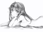  1girl blush closed_mouth copyright_request eyebrows_visible_through_hair from_side hair_flaps head_rest heart highres long_hair looking_at_viewer looking_to_the_side lying nanashi_(nlo74593630) nude on_stomach simple_background smile solo white_background 