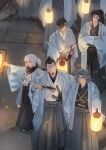  1girl 4boys black_hair black_hakama black_kimono black_scarf blue_haori chonmage closed_eyes facial_hair fate/grand_order fate_(series) goatee grey_hair grey_hakama hair_knot hair_pulled_back hair_slicked_back hakama haori highres hijikata_toshizou_(fate) japanese_clothes katana kimono lantern multiple_boys okita_souji_(fate) paper_lantern ponytail saitou_hajime_(fate) saitou_hajime_(third_ascension)_(fate) scarf serizawa_kamo_(fate) sheath sheathed shinsengumi shinsengumi_(fate) sidelocks smile sword teria_(teriarian) topknot wavy_hair weapon white_hair white_kimono yamanami_keisuke_(fate) 