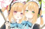  2girls :&lt; aimi_(mimi_nii2) animal_ear_headphones animal_ears apron black_dress blue_archive blue_bow blue_bowtie blush bow bowtie broom cat_ear_headphones cat_ears closed_mouth collared_dress contrast_collar dress fake_animal_ears frilled_apron frills from_below green_eyes green_halo hair_between_eyes hair_bow halo hand_up hashtag-only_commentary headdress headphones highres holding holding_broom looking_at_viewer low_ponytail maid maid_apron maid_headdress midori_(blue_archive) midori_(maid)_(blue_archive) momoi_(blue_archive) momoi_(maid)_(blue_archive) multiple_girls official_alternate_costume open_mouth orange_hair pink_bow pink_eyes pink_halo ponytail siblings simple_background sisters swept_bangs teeth tongue twins upper_teeth_only white_apron white_background white_headdress 