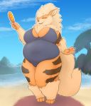  absurd_res anthro arcanine beach belly big_belly big_breasts biped breasts canid canine clothed clothing corndog curvy_figure detailed_background eyes_closed female fur hi_res mammal nintendo open_mouth orange_body orange_fur overweight overweight_female pok&eacute;mon pok&eacute;mon_(species) sea seaside shard_(artist) smile solo standing stripes swimwear video_games voluptuous water 