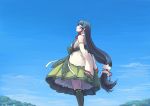  1girl black_hair blue_sky cloud commentary_request day detached_sleeves dress feet_out_of_frame green_dress hair_ribbon hair_tubes highres kantai_collection long_hair low-tied_long_hair mizuho_(kantai_collection) outdoors ribbon sidelocks sky solo standing vent_arbre very_long_hair 