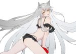  1girl animal_ear_fluff animal_ears ass bakemonogatari bare_shoulders big_hair black_bra black_hanekawa black_panties blush bra breasts cat_ears floating_hair from_side grey_hair hanekawa_tsubasa large_breasts leaning_forward long_hair looking_at_viewer looking_to_the_side monogatari_(series) neko_(ganecooo) panties parted_lips shaft_look simple_background smile solo stretch underwear underwear_only very_long_hair white_background 