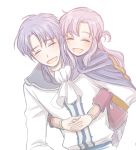  1boy 1girl blue_hair brother_and_sister cape carrying closed_eyes cravat ethlyn_(fire_emblem) fire_emblem fire_emblem:_genealogy_of_the_holy_war hira_(otemoto84) hug hug_from_behind piggyback pink_hair siblings sigurd_(fire_emblem) smile tied_hair 