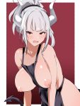  1girl akire_zz apron bangs black_apron black_tail blush breasts demon_girl demon_horns demon_tail fang helltaker high_ponytail highres horns large_breasts looking_at_viewer lucifer_(helltaker) naked_apron nipples open_mouth red_eyes short_hair silver_hair solo tail white_horns 