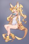  1girl :q animal_ear_fluff animal_ears bare_shoulders blonde_hair blue_archive boots breasts closed_mouth commentary covered_navel english_commentary eyewear_hang food forehead fox_ears fox_girl fox_tail full_body grey_background highres holding holding_food jacket leotard long_sleeves miya_(miyaruta) off_shoulder open-toe_boots open_clothes open_jacket parted_bangs popsicle puffy_long_sleeves puffy_sleeves purple_eyes red-tinted_eyewear seia_(blue_archive) seia_(swimsuit)_(blue_archive) side_ponytail simple_background sitting small_breasts smile solo sunglasses tail tinted_eyewear tongue tongue_out unworn_eyewear visor_cap white_leotard yellow_boots yellow_jacket 