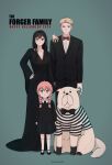  1boy 2girls ahoge anya_(spy_x_family) black_bow black_bowtie black_dress black_hair black_shoes black_suit blonde_hair blue_eyes bond_(spy_x_family) botchinako bow bowtie braid breasts child cleavage collared_dress collared_shirt cosplay dog dress full_body furrowed_brow gomez_addams gomez_addams_(cosplay) green_eyes hand_on_another's_shoulder hand_on_own_hip happy_halloween highres mary_janes medium_breasts morticia_addams morticia_addams_(cosplay) multiple_girls pink_hair pugsley_addams pugsley_addams_(cosplay) red_bow red_bowtie red_eyes shirt shoes socks spy_x_family standing striped_clothes striped_shirt suit thing_(the_addams_family) twilight_(spy_x_family) twin_braids wednesday_addams wednesday_addams_(cosplay) white_shirt white_socks yor_briar 