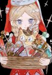  1girl anne_lester basket black_background blonde_hair blue_eyes bottle braid cat flower highres holding holding_basket identity_v light_blush looking_at_viewer ochagohan perfume_bottle quill red_veil smile twin_braids veil 