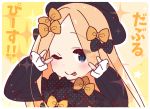  1girl abigail_williams_(fate/grand_order) bangs black_bow black_dress black_headwear blonde_hair blue_eyes blush bow breasts closed_mouth double_v dress fate/grand_order fate_(series) forehead hair_bow hat long_hair long_sleeves looking_at_viewer multiple_bows orange_bow parted_bangs polka_dot polka_dot_bow ribbed_dress sleeves_past_wrists small_breasts smile sparkle tongue tongue_out translation_request v yellow_background yoru_nai 