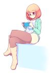  1girl absurdres black_eyes black_legwear boots earbuds earphones fizintine game_console glasses green_sweater highres legs luna_(fizintine) orange_hair original pillow rectangular_eyewear side_part sitting solo sweater thighhighs white_background 