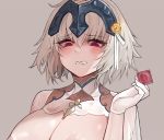  areolae azur_lane blush breasts cleavage collarbone condom cosplay cosplay_request fate/grand_order fate_(series) gloves jeanne_d&#039;arc_(alter)_(fate) jeanne_d&#039;arc_(fate)_(all) large_breasts platinum_blonde_hair purple_eyes short_hair suou-sensei white_gloves 