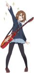  1girl arm_up black_legwear blue_neckwear blue_ribbon blue_skirt blush brown_eyes brown_footwear brown_hair commentary_request electric_guitar full_body guitar hair_ornament hairclip hirasawa_yui index_finger_raised instrument ixy k-on! les_paul long_sleeves looking_at_viewer open_mouth pantyhose pleated_skirt ribbon school_uniform shoes short_hair simple_background skirt smile solo sparkle standing white_background 