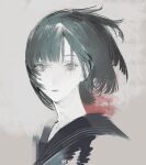  1girl :o asymmetrical_bangs black_hair chinese_commentary commentary cropped_shoulders expressionless floating_hair from_side grey_background grey_eyes highres limited_palette looking_at_viewer looking_to_the_side meru02295238 open_mouth pale_skin sailor_collar shimizu_hinako short_hair silent_hill_(series) silent_hill_f simple_background solo watermark weibo_username weibo_watermark 