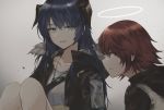  2girls :d arknights bangs black_jacket blue_eyes blue_hair brown_eyes exusiai_(arknights) eyebrows_visible_through_hair from_side fur-trimmed_jacket fur_trim grey_background grey_shirt hair_between_eyes halo highres horns jacket kiyakyuu knees_up long_hair looking_at_another looking_at_viewer mostima_(arknights) multiple_girls open_mouth profile red_hair shirt short_hair simple_background smile upper_body 