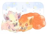  3_toes abstract_background alternate_color ambiguous_gender arcanine arm_tuft blue_body blue_fur bow_tie brown_eyes brown_markings canid canine chibi curled_tail digital_media_(artwork) duo facial_tuft feet feral fluffy fluffy_tail fur generation_1_pokemon gloves_(marking) grey_body grey_bow_tie grey_fur grey_markings grey_ribbon grey_stripes hair head_tuft leg_tuft lying mammal markings michi_runi multi_tail multicolored_body multicolored_bow_tie multicolored_fur neck_tuft nintendo on_front open_mouth open_smile orange_body orange_fur orange_hair orange_tail paws pokemon pokemon_(species) quadruped red_eyes ribbons sitting smile sparkles star star_accessory stripes tail toes tuft two_tone_bow_tie two_tone_ribbon unavailable_at_source vulpix white_body white_fur white_markings white_tail yellow_bow_tie yellow_ribbon 
