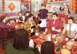  4girls 6+boys :o absurdres akiyama_shun apron bamboo_steamer beard bird black_gloves black_hair black_neckwear black_pants blue_neckwear brown_hair chair character_name chicken chopsticks crossed_arms eating eyepatch facial_hair food formal glasses gloves green_jacket green_neckwear hana_(ryuu_ga_gotoku) highres indoors jacket jewelry kido_takeshi kiryuu_kazuma kitchen lantern long_sleeves majima_gorou microphone midriff multiple_boys multiple_girls music navel necklace necktie pants paper_lantern pencil_skirt pot red_shirt rice ryuu_ga_gotoku shirt short_sleeves singing singrairiedog skewer skirt standing steam stubble suit tanimura_masayoshi tattoo tissue_box tray waiter watch white_shirt 